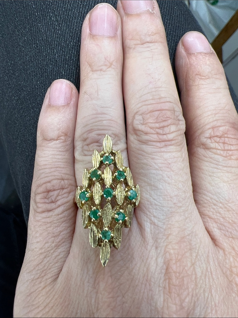 Gold Tone Ring with Emerald Green Stones - Women's Jewelry